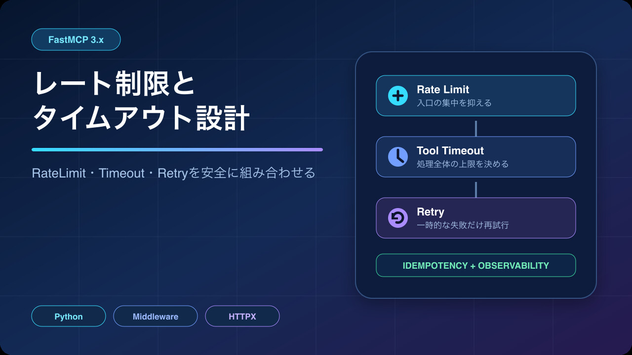 FastMCPのレート制限とタイムアウト設計を示すアイキャッチ